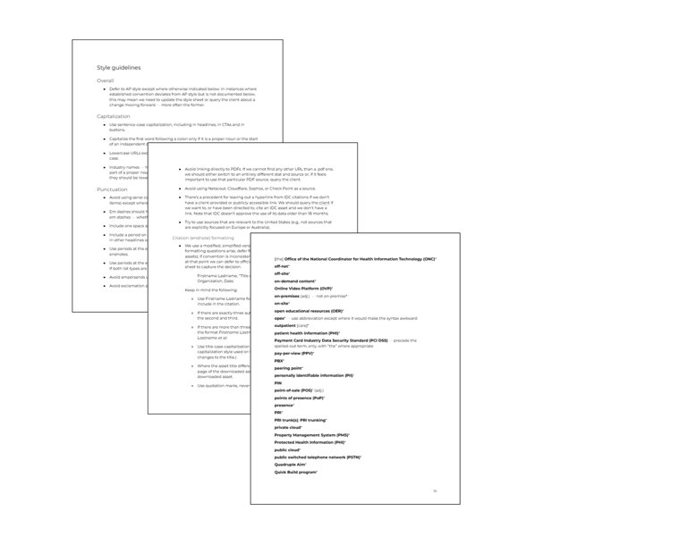 Stacked screenshots of three pages full of bulleted style guidelines