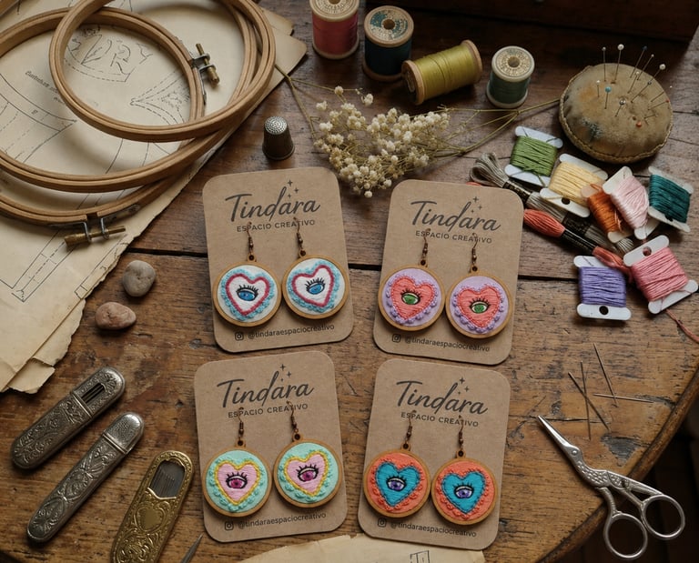Pendientes de milagritos mexicanos bordados a mano en diferentes colores sobre una mesa de madera