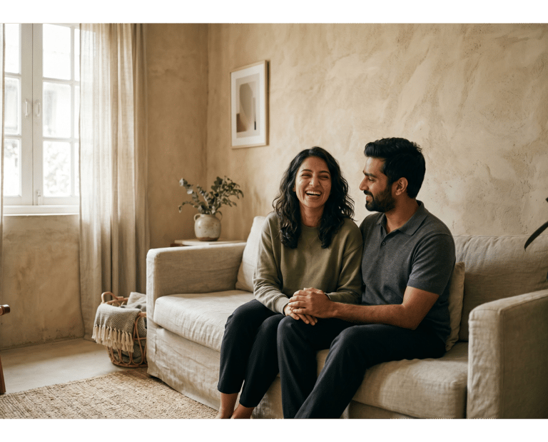 Couple on beige couch during a duo-expert couples therapy session.