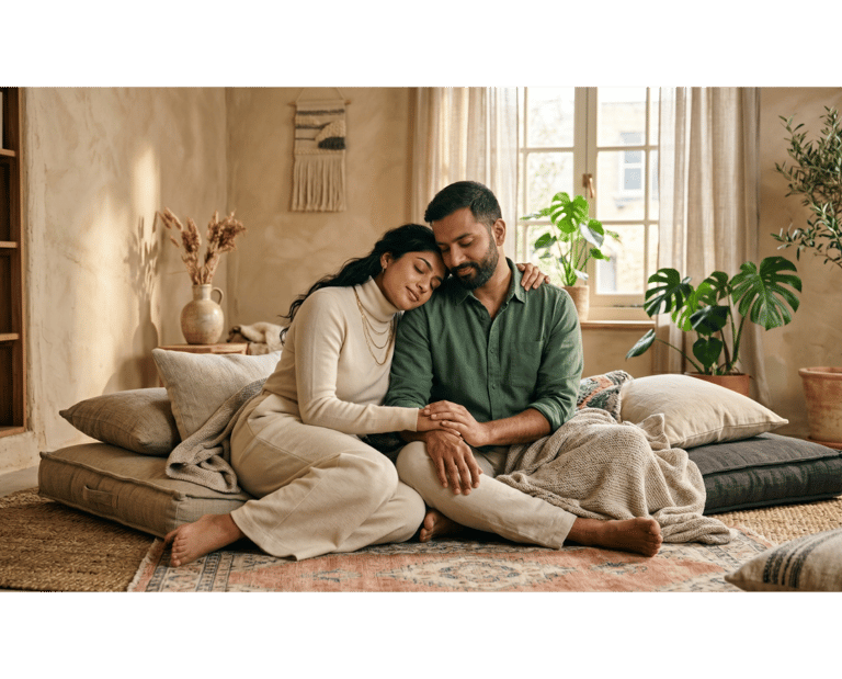 Couple resting & showing intimacy together in sand-toned room for relationship intimacy coaching.