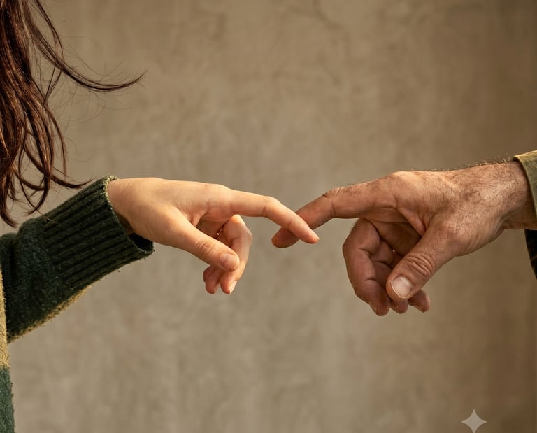 Two hands gently connecting each other against a warm background, representing relationship healing 