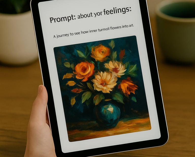 Tablet with emotional AI art prompt and stormy visual for healing through creativity