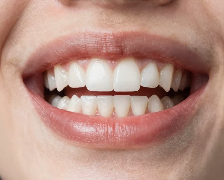 Close-up of a patient smiling with bright white teeth after dental whitening treatment in a modern clinic.