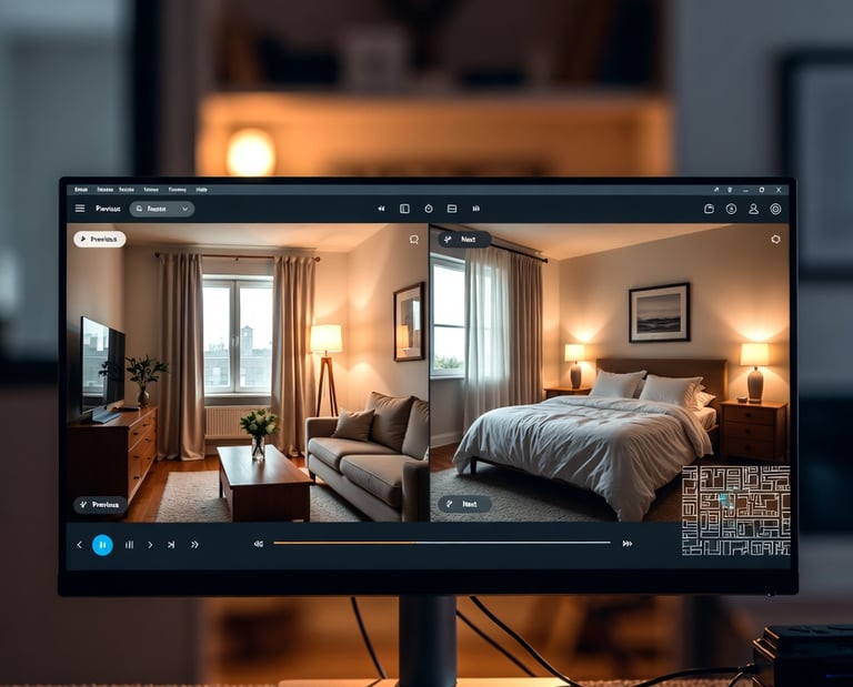 Computer monitor displaying a 360 virtual tour of a modern living room and bedroom for real estate.