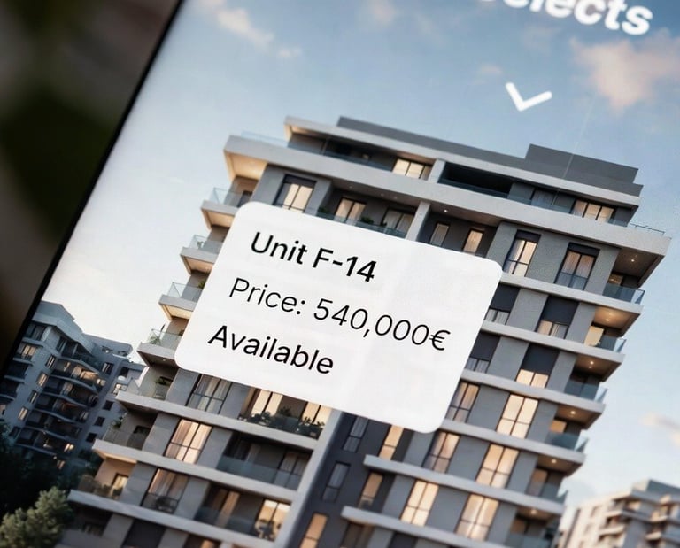 A mobile real estate app displaying a modern apartment building with a unit price of 540,000 euros.