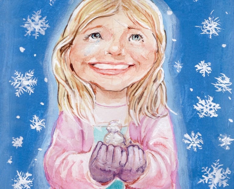 Watercolor illustration of Mary Grace smiling while holding a snowman with snowflakes all around
