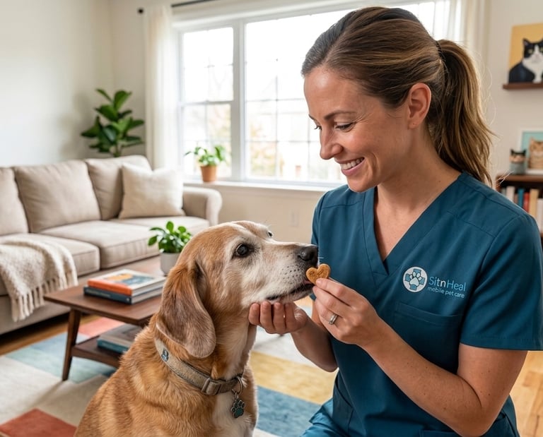 Smiling woman wearing blue giving a heart-shaped treat to a senior dog in a living room
