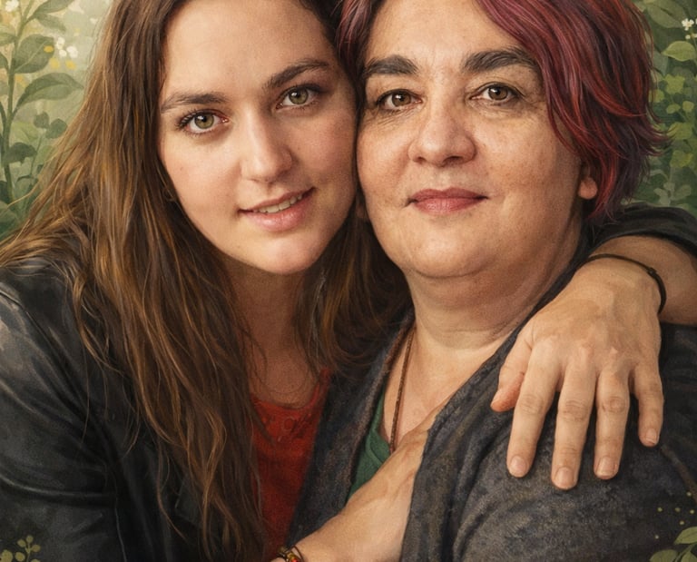 A portrait of a mother and daughter embracing against a green botanical background.