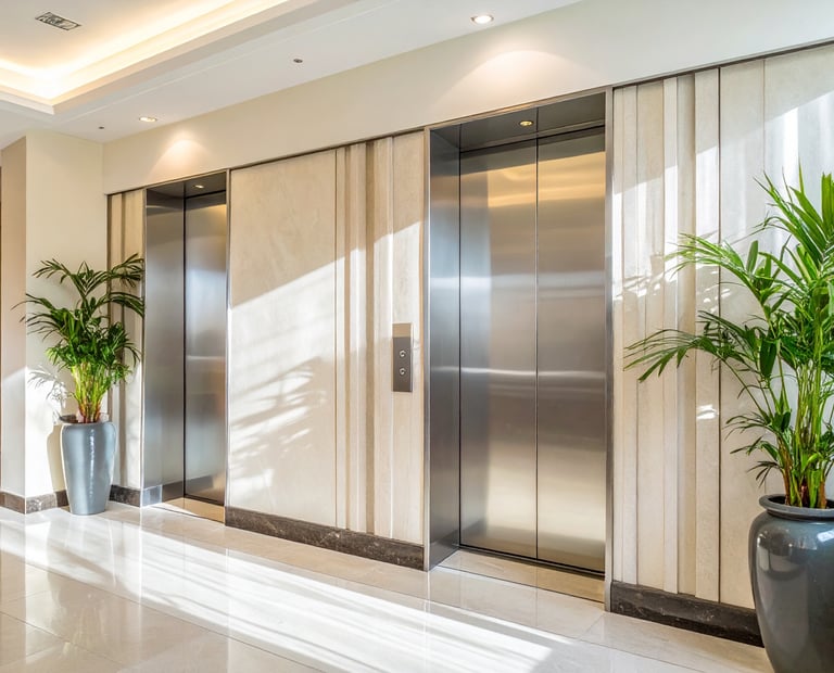 a building lobby with 2 elevators, cladded in stainless steel with the doors closed and plants
