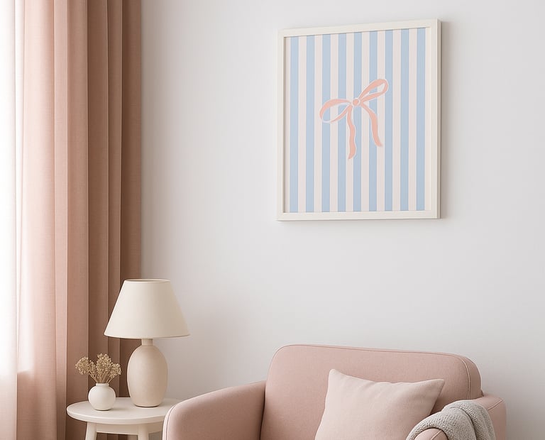 printable framed art of pink cute bow on blue stripes