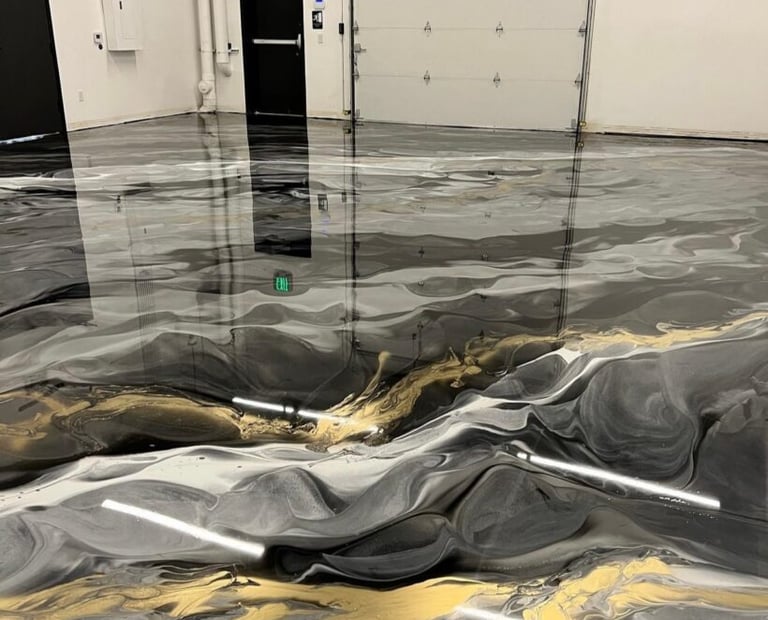 High-gloss metallic epoxy floor in a shop