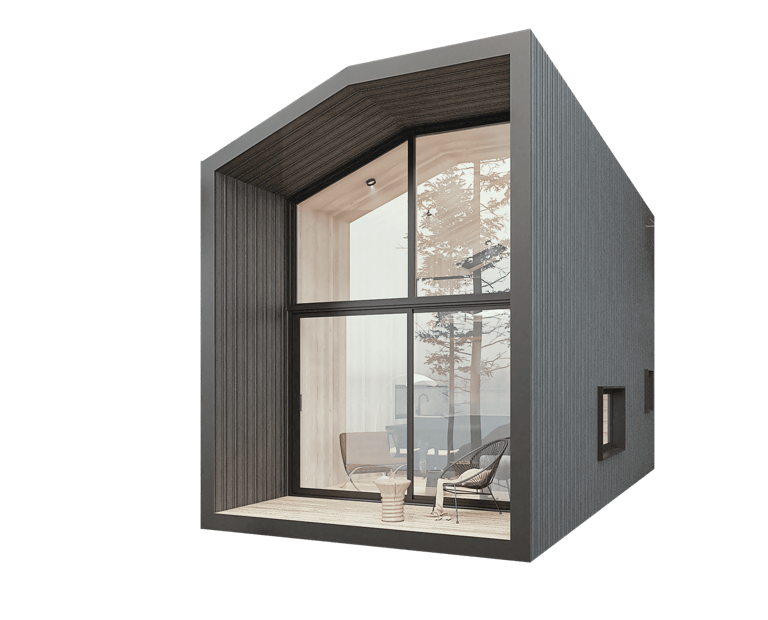 a small house with a large window and a couch