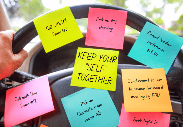 steering wheel covered in to-do sticky notes