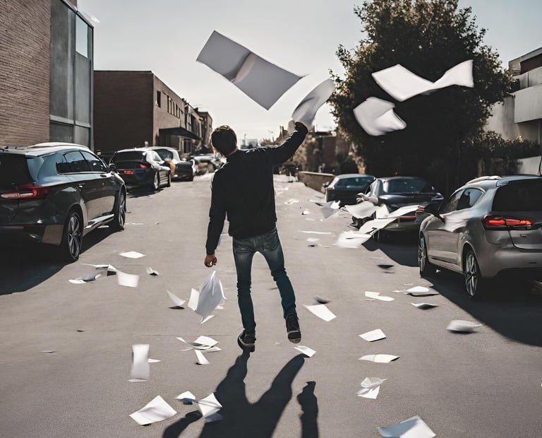 Man throwing up paper as he walks away