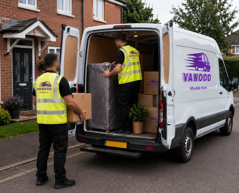 Two professional movers load furniture and boxes into a branded white VANOOO removal van outside