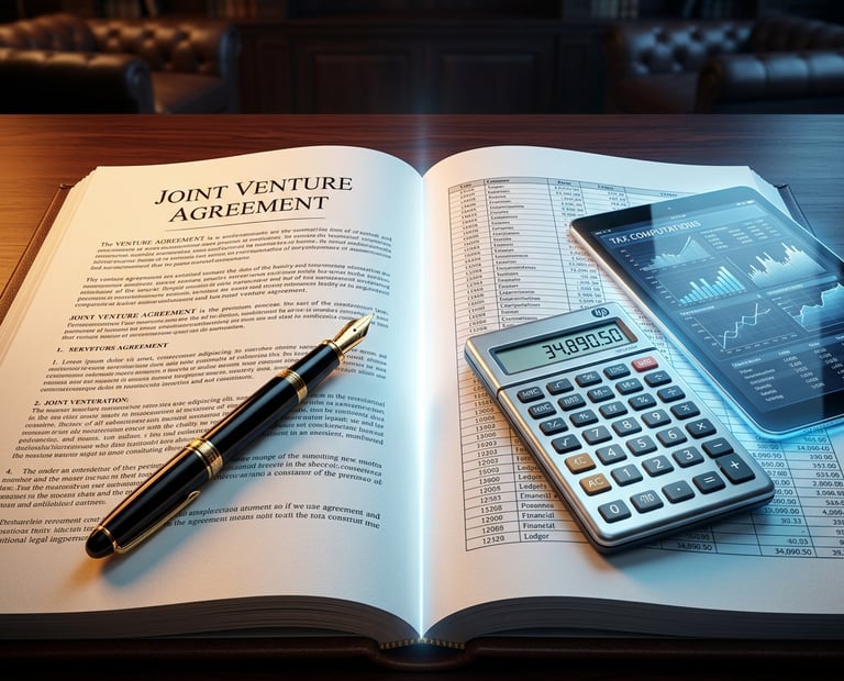 Joint venture agreement drafting and financial tax analysis at Harsh Malik Law Offices.