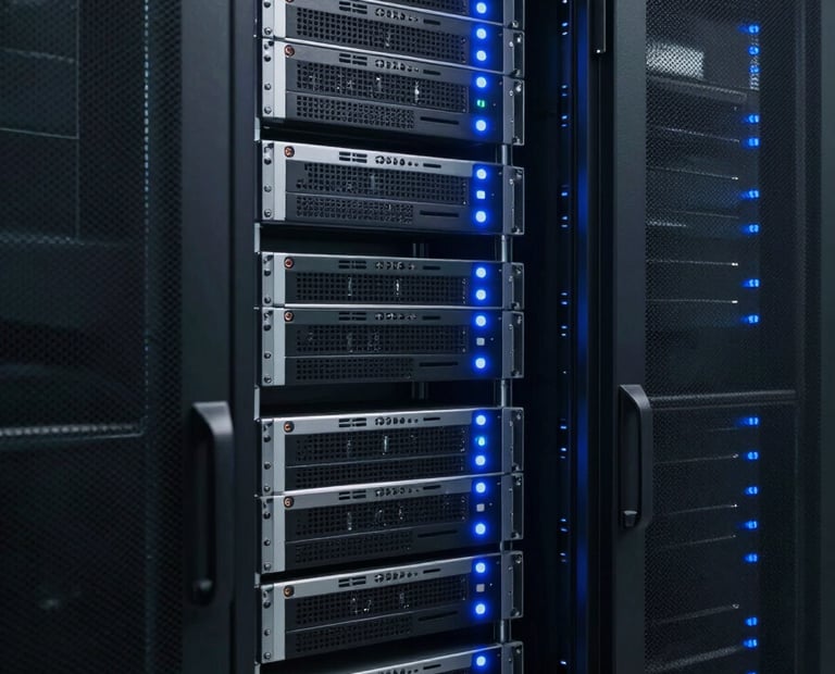 A sleek and modern server rack in a secure data center with soft blue status lights. The composition is professional and orderly, suggesting high-end technological infrastructure in a South American / Brazilian facility.