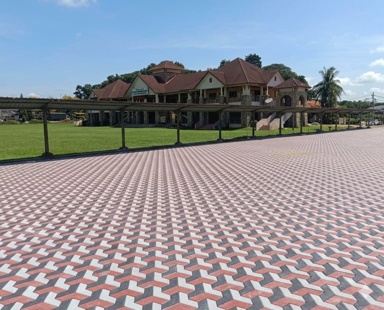 Commercial interlocking brick paving with turf lawn – Yie Yang Landscape