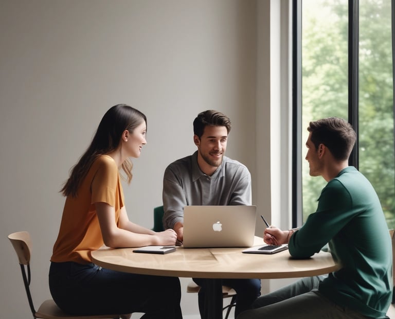 Close-up of a marketing consultant analyzing colorful data charts on a laptop with a backdrop of sunlit mountain peaks.