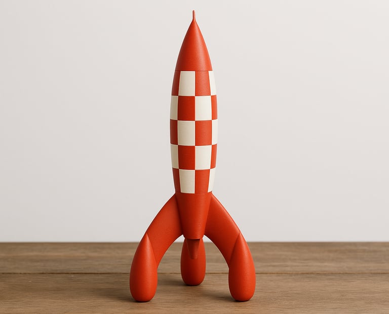 Fusée rouge et blanche inspirée de Tintin, imprimée en 3D, posée sur une surface en bois avec un fond blanc.