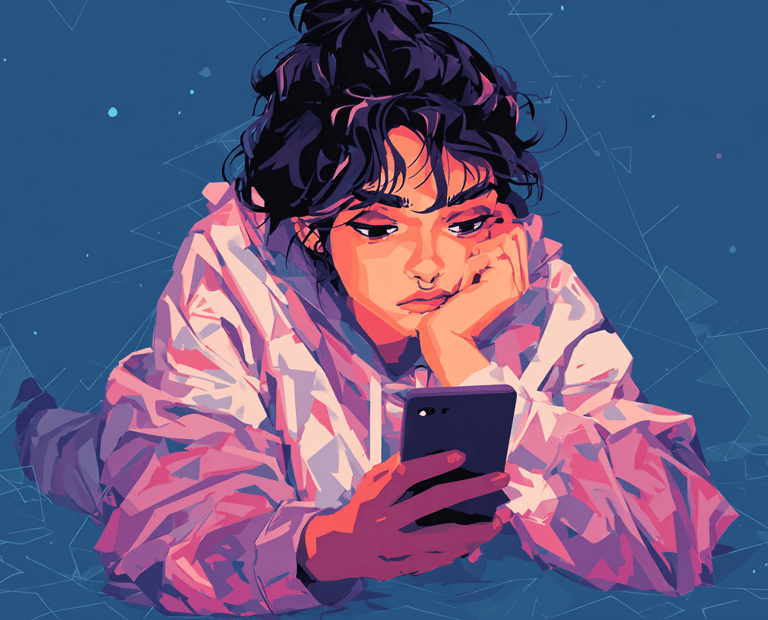 a woman in a pink shirt is holding a cell phone