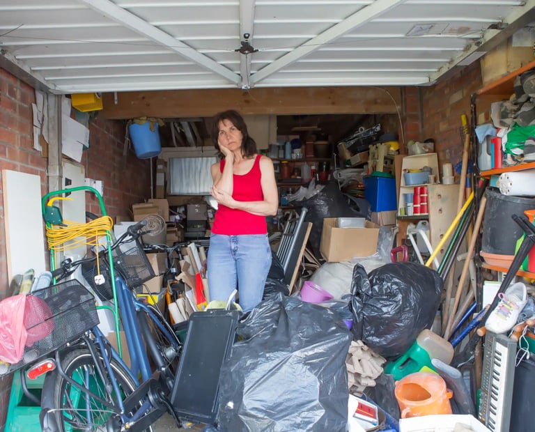 woman flustered in packed garage