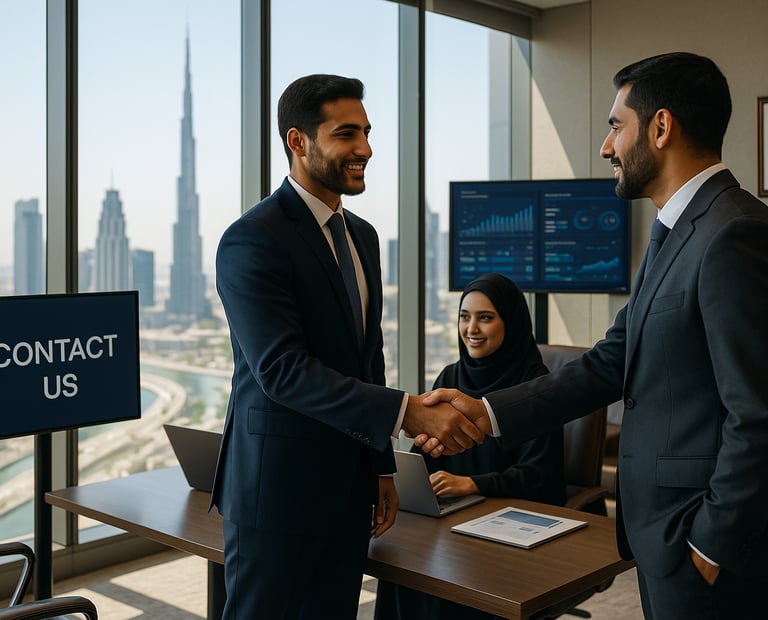 a man and woman shaking hands in a conference room