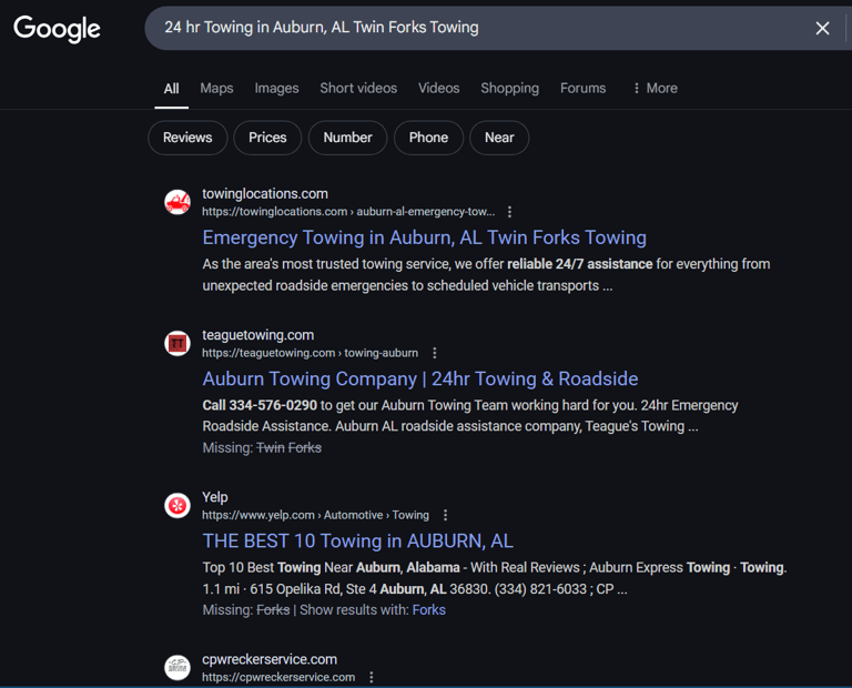 Towing SEO Google Ranking Results