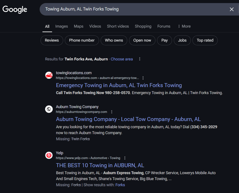 Towing SEO Google Ranking Results
