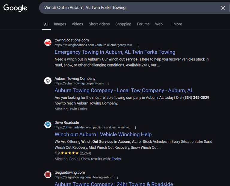 Towing SEO Google Ranking Results