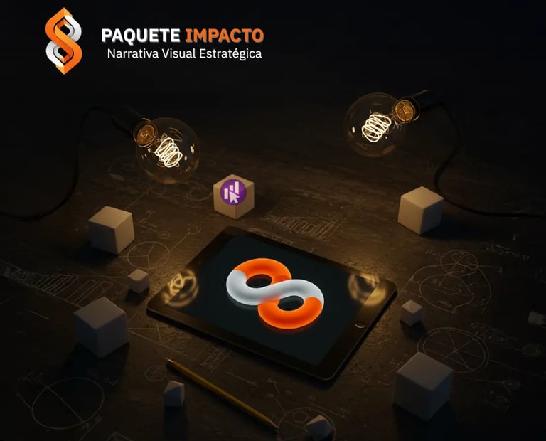 Tableta con símbolo infinito 3D naranja y blanco bajo luz cálida, Paquete Impacto Egremy Digital, narrativa visual estratégic