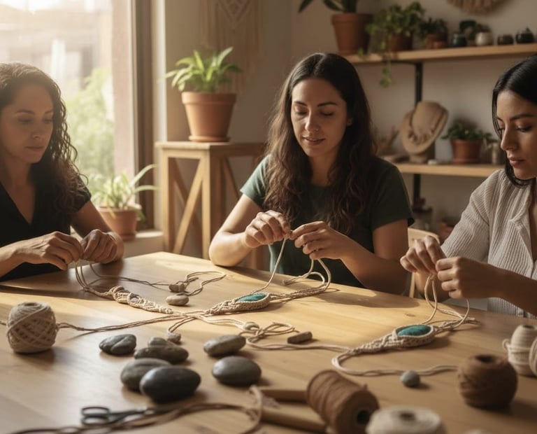 Mujeres en taller de joyería en macramé, elaborando collares hechos a mano con cordón y piedras natu