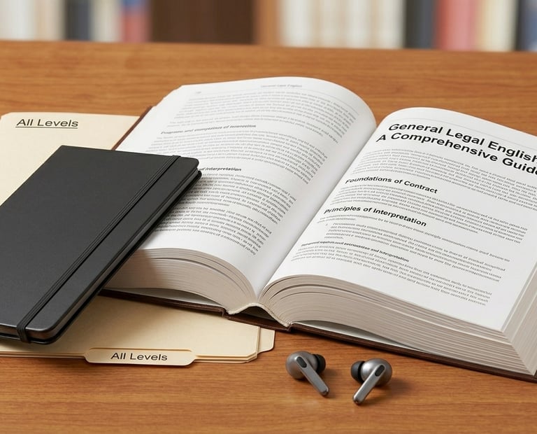 Open General Legal English textbook with a black notebook, pen, and wireless earbuds on a desk.