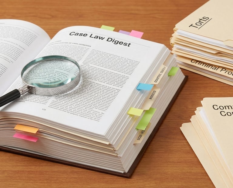 Magnifying glass on an open Case Law Digest book with legal file folders for Torts and Criminal Procedure.
