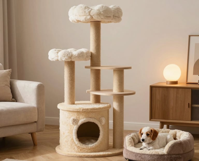 A cozy pet nook with plush cushions and warm lighting in a small living space.
