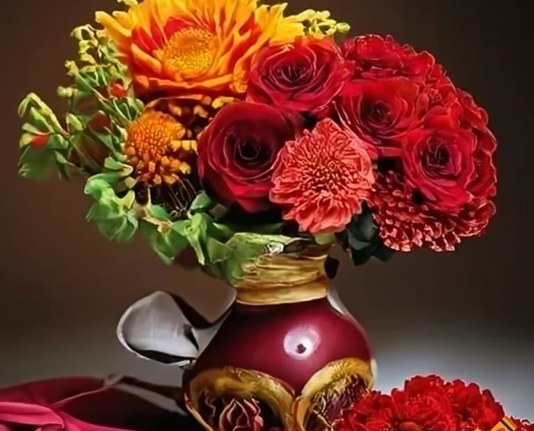 a vase with flowers in a vase on a table