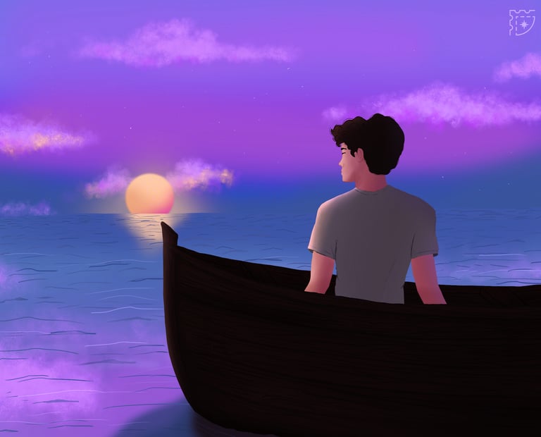 a man sitting in a boat on the water