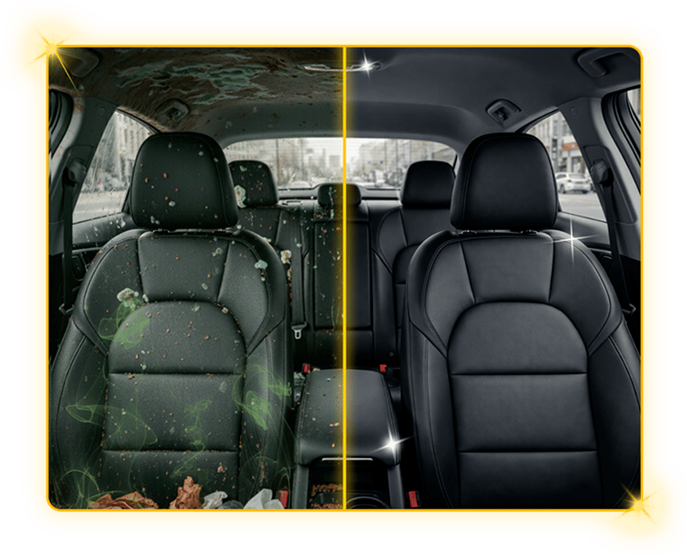 Professional car interior detailing showing a before and after comparison of dirty versus clean leather seats.