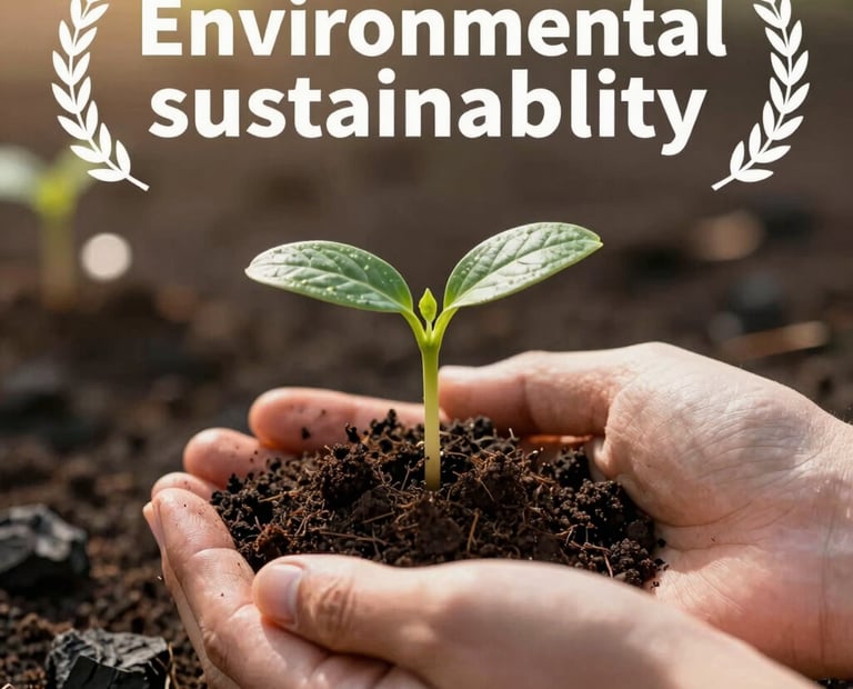 A close-up shot of a small green sprout being held by hands against a background of dark charcoal soil. The lighting is warm and hopeful, with soft pearl bokeh in the background. The image conveys a professional commitment to environmental sustainability.