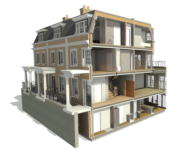3D architectural cross-section of a multi-story townhouse showing interior rooms and layout.