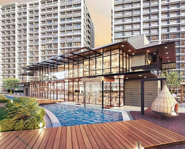 a large swimming pool with a wooden deck and a wooden deck