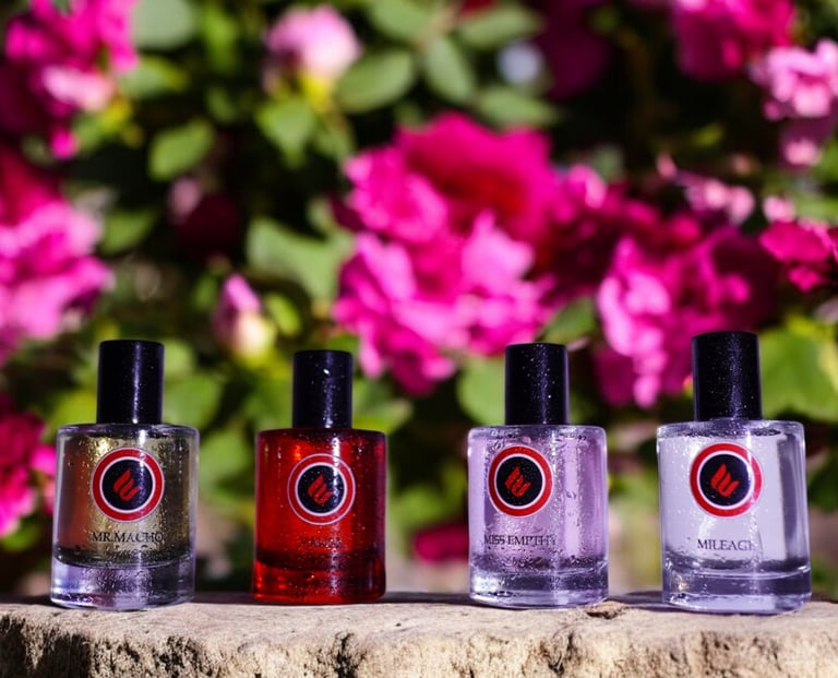 a group of bottles of envoke's perfumes and fragrances