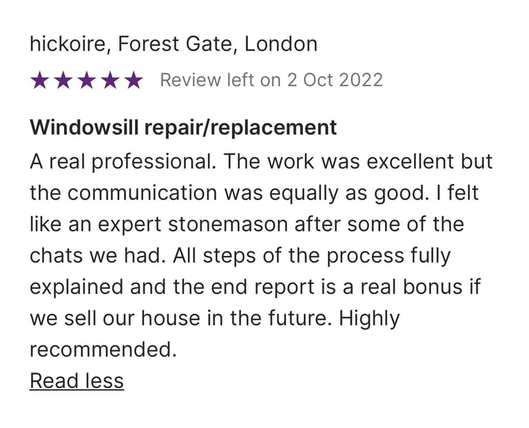 Five-star customer review for windowsill repair and replacement by a stonemason in Forest Gate, London.