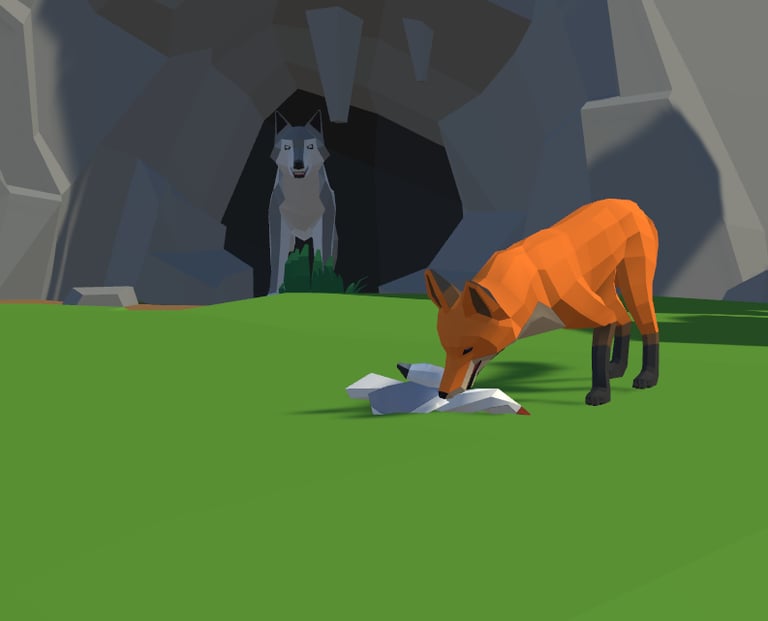 a foxy is standing in a field with a dog