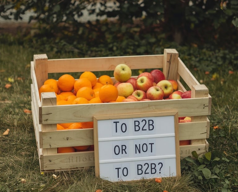 crate of fruit containing oranges and apples and a sign saying: to b2b or not to b2b