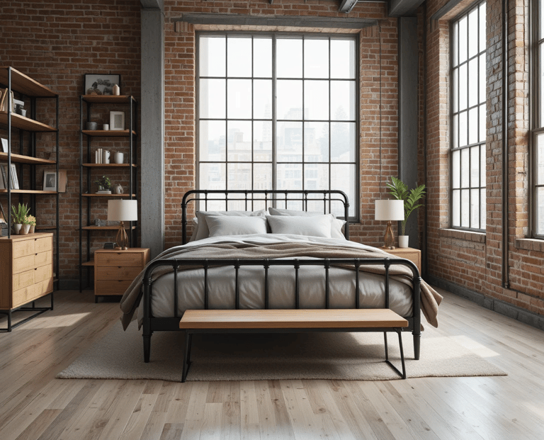 Dormitorio industrial moderno con cama de metal negro, mesillas de madera natural y estanterías abie
