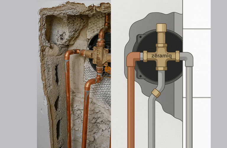 Detalle del mecanismo interno de un monomando de ducha, con las conexiones expuestas.