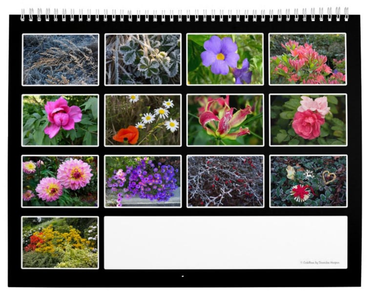 2-teiliger Kalender mit 12 bunten Fotos von Blumen in diversen Jahreszeiten