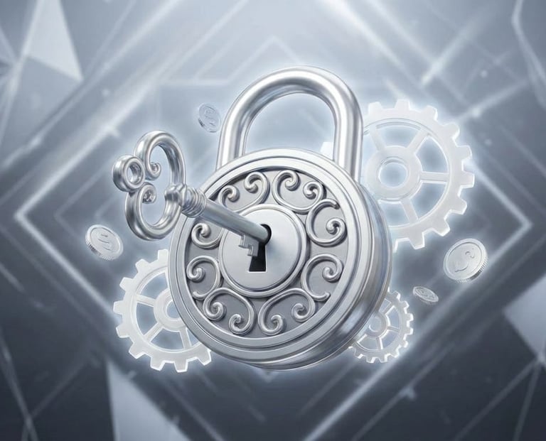 "3D ilustracija srebrnog katanca i ključa sa zupčanicima za Silver escape room paket."