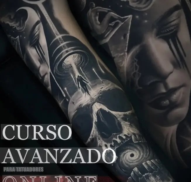 Surreal black and grey realism tattoo featuring a skull, female portrait, and cosmic elements for an advanced online tattoo